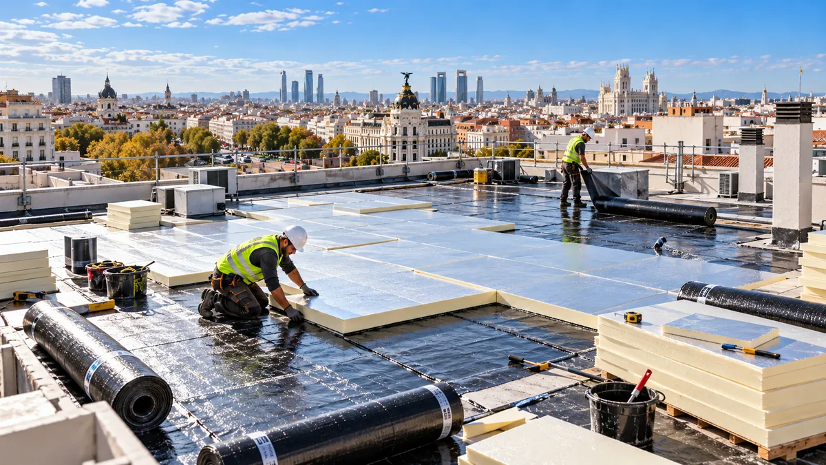 Ilustración panorámica de trabajos de aislamiento e impermeabilización en una azotea urbana.