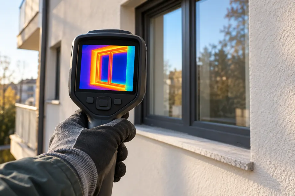 Cámara termográfica frente a una ventana durante la evaluación de un edificio