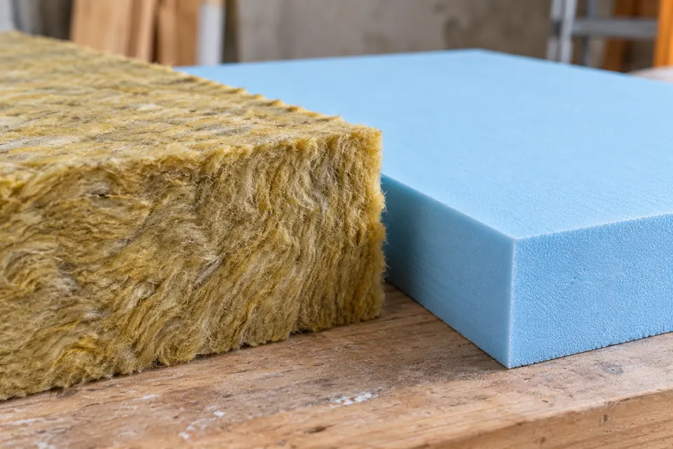 Panel de lana de roca junto a un panel azul de XPS para comparar materiales aislantes